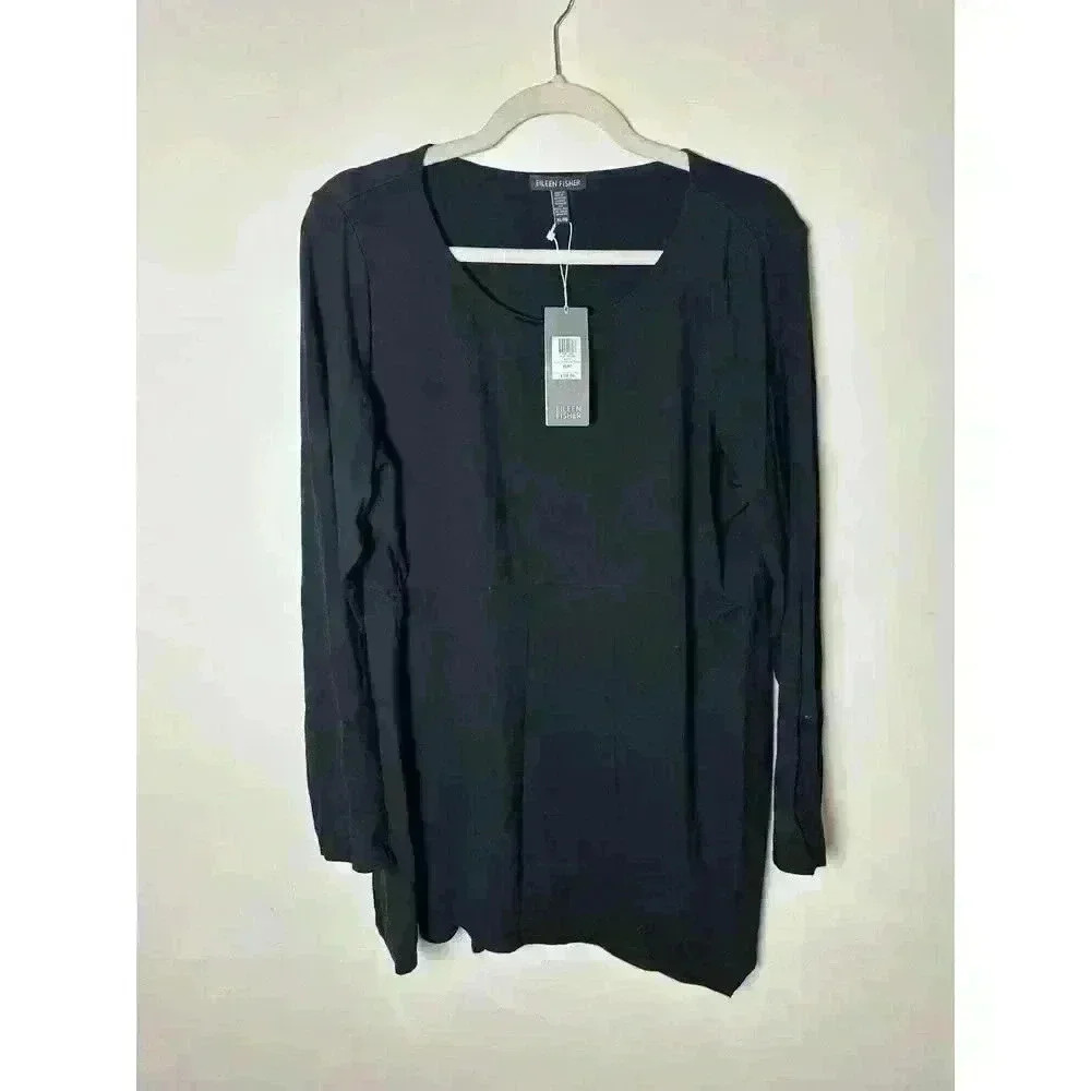 $158 NWT EILEEN FISHER - BLACK JEWEL NECK PEPLUM TOP - SIZE XL